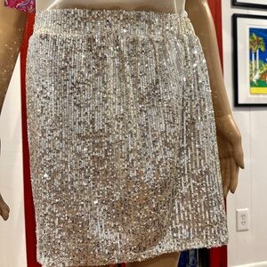 Pull on Cream Mini Skirt with Silver Sequined Stripes Sz L